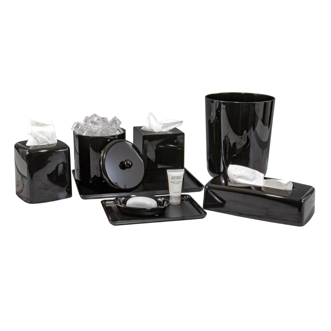 Black bathroom accessory set on a white background