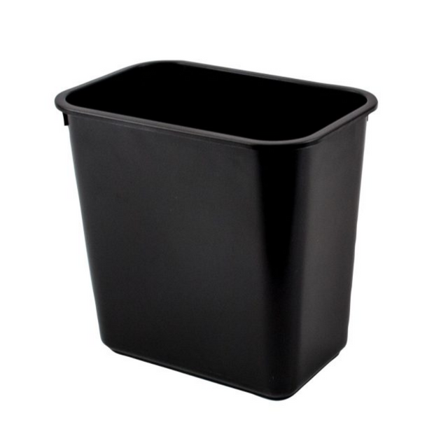 Black rectangular trash bin on a white background