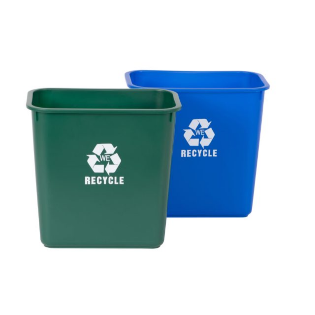 Green and blue recycling bins with 'RECYCLE' label on a white background