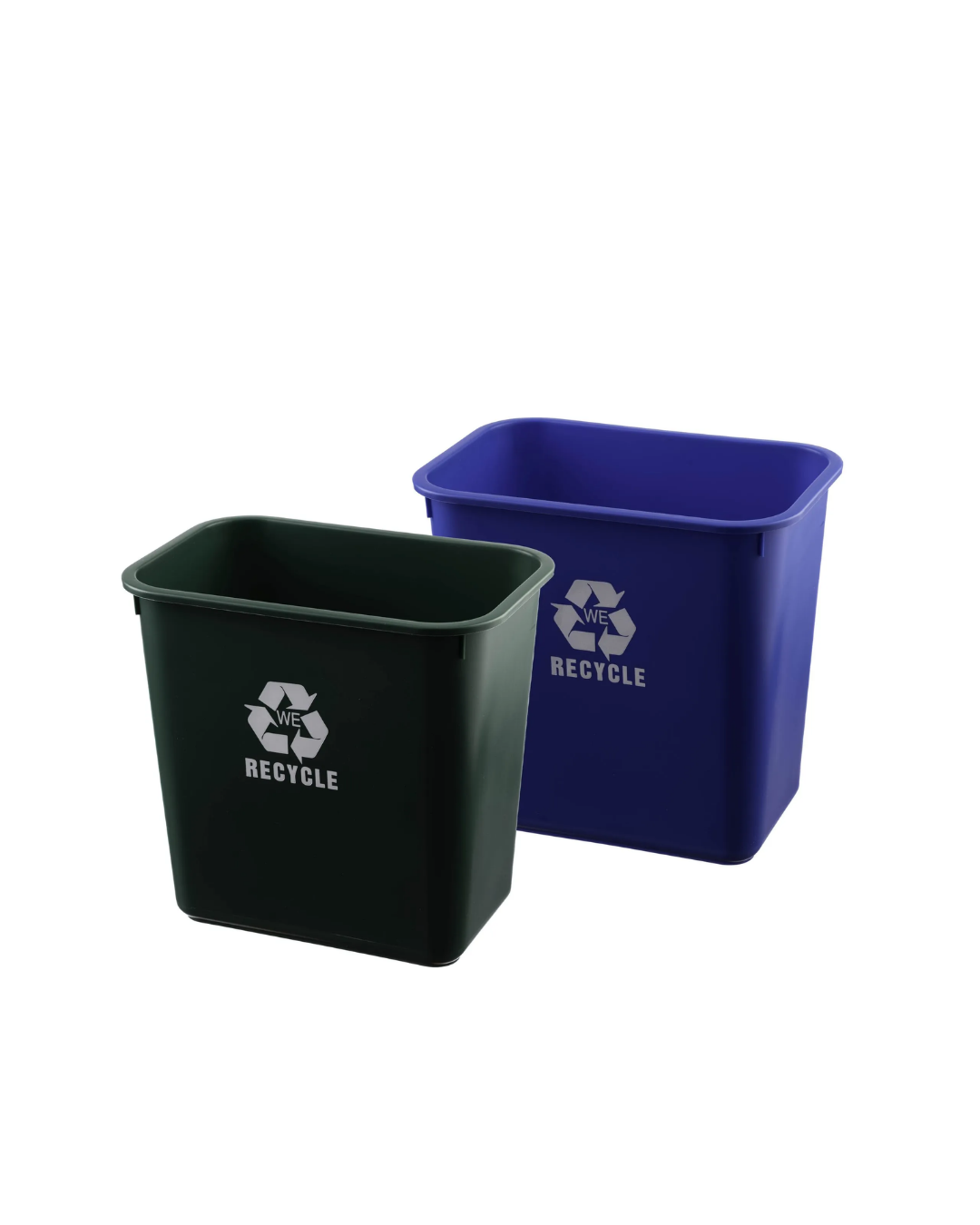 Two recycling bins, one black and one blue, on a white background