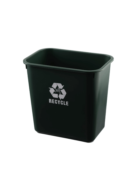 Black recycling bin with 'Recycle' text on a white background