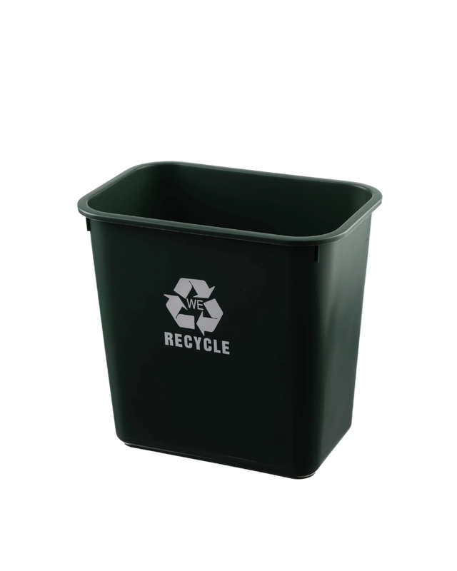 Black recycling bin with 'Recycle' text on a white background