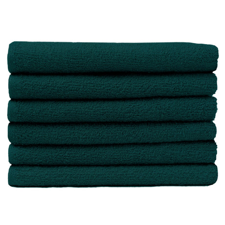 Pictured: Neatly folded stack of 6 green towels against a white background. These towels are in the shade Hunter Green.