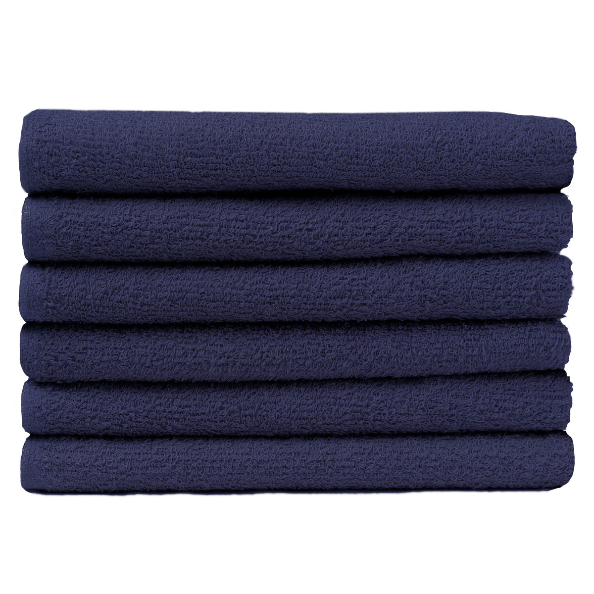 Pictured: Neatly folded stack of 6 deep blue towels against a white background. These towels are in the shade Navy.