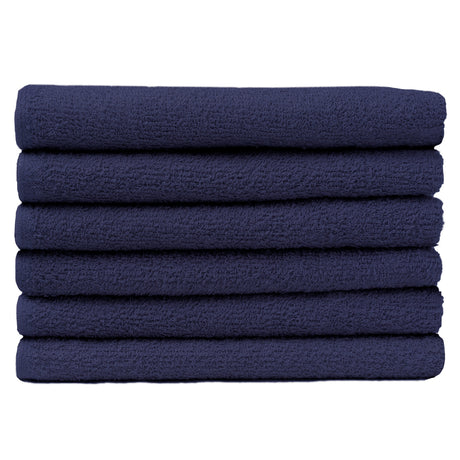 Pictured: Neatly folded stack of 6 deep blue towels against a white background. These towels are in the shade Navy.