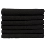 Pictured: Neatly folded stack of 6 dark towels against a white background. These towels are in the shade Black.