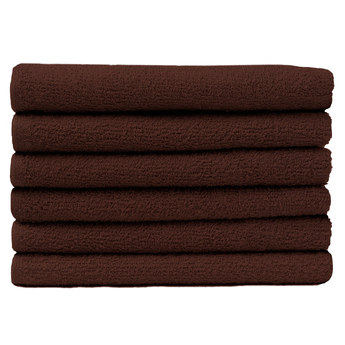 Pictured: Neatly folded stack of 6 warm brown towels against a white background. These towels are in the shade Chocolate.