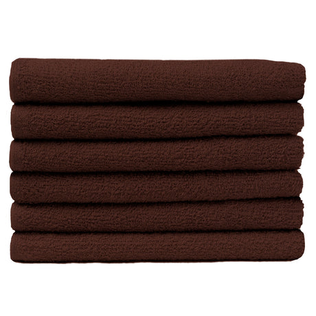 Pictured: Neatly folded stack of 6 warm brown towels against a white background. These towels are in the shade Chocolate.