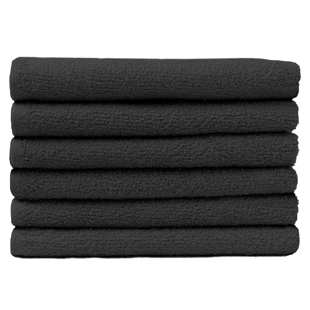 Pictured: Neatly folded stack of 6 deep grey towels against a white background. These towels are in the shade Charcoal.