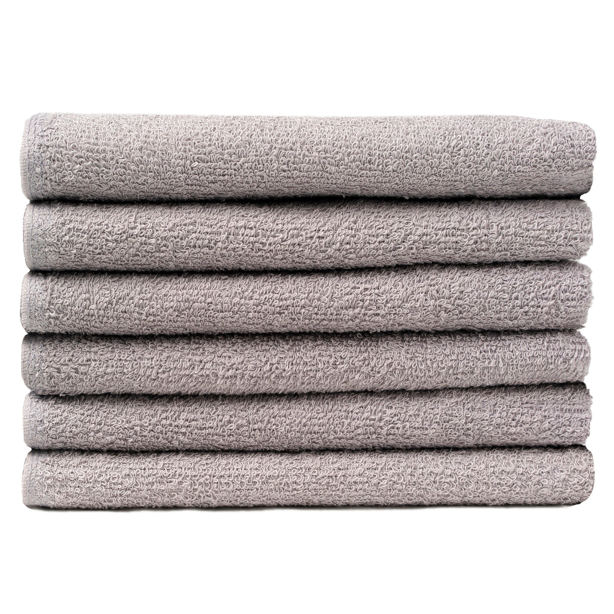 Pictured: Neatly folded stack of 6 light grey towels against a white background. These towels are in the shade Silver Grey.