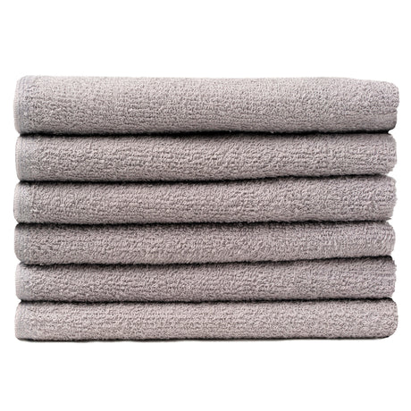 Pictured: Neatly folded stack of 6 light grey towels against a white background. These towels are in the shade Silver Grey.