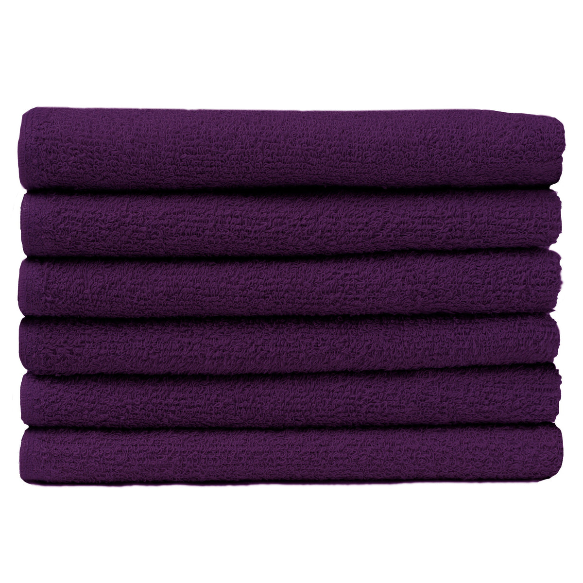 Pictured: Neatly folded stack of 6 purple towels against a white background. These towels are in the shade Eggplant.