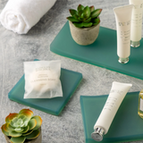 Cosmetic products on green trays with succulents on a gray surface