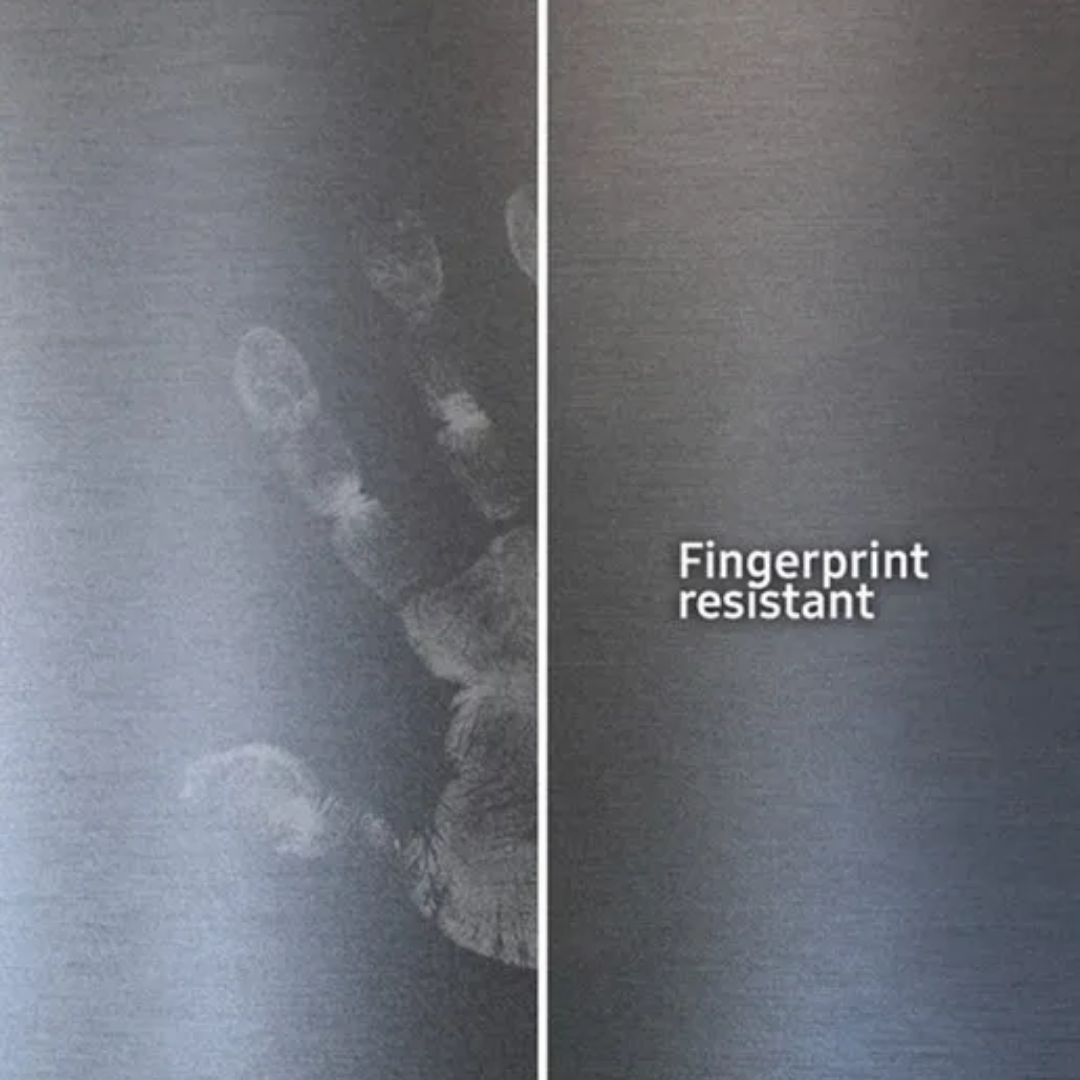 Two metallic surfaces with one labeled 'Fingerprint resistant'.