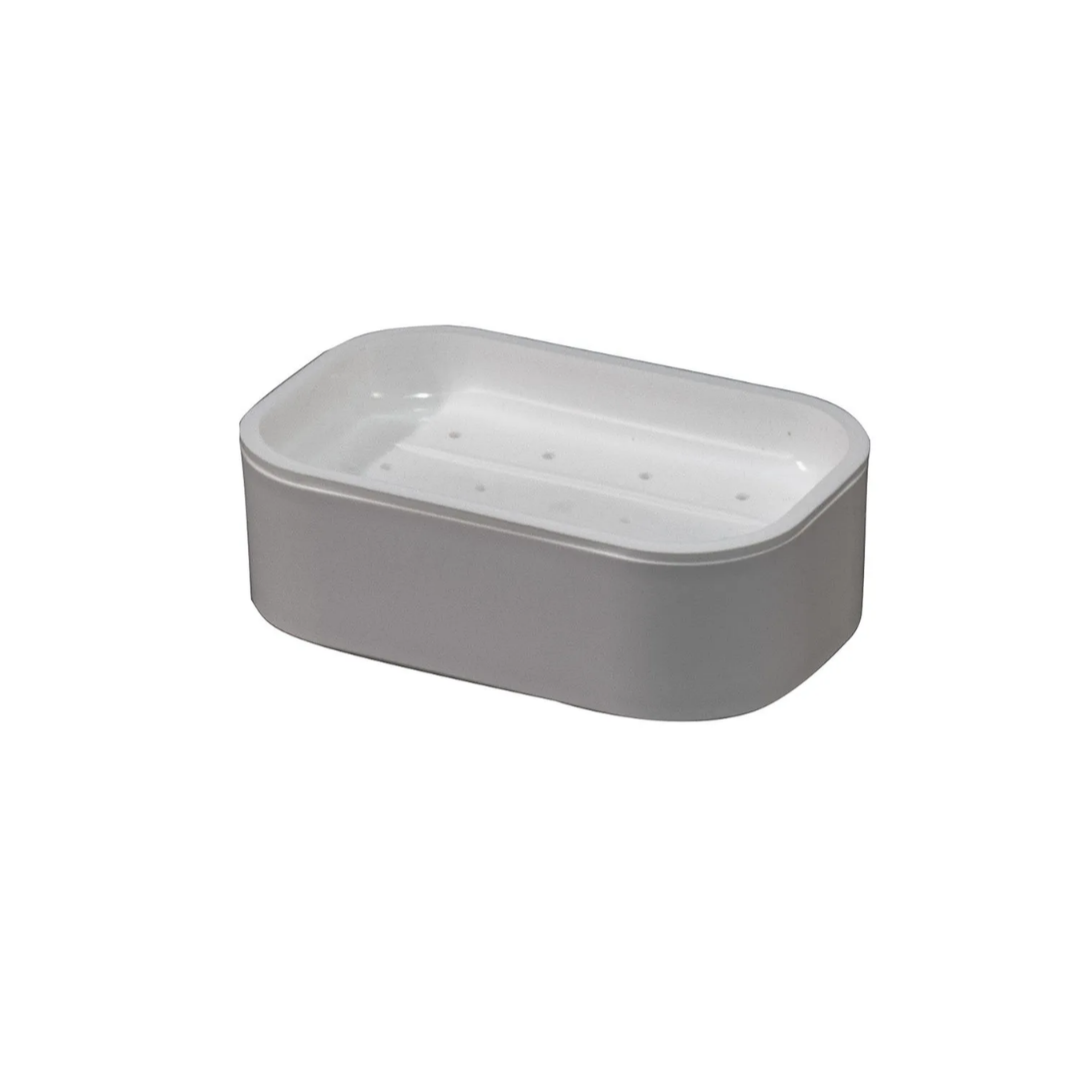 Rectangular white soap dish on a white background