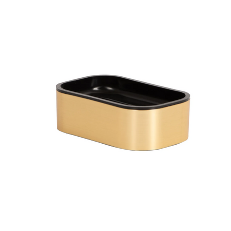 Rectangular container with black lid and gold base on a white background