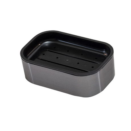 Black plastic soap dish on a white background