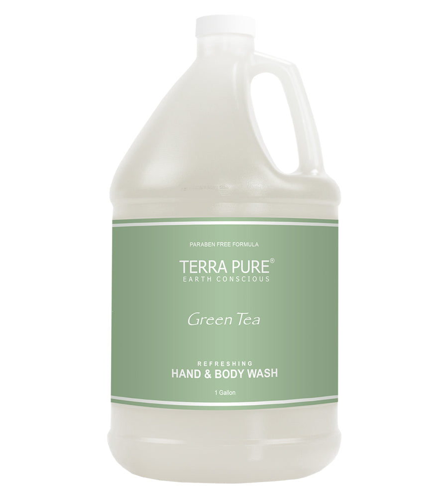 Bulk Terra Pure hotel amenities. Paraben free and earth conscious formula. Refreshing hand and body wash in green tea. 1 gallon. product shot. white background.
