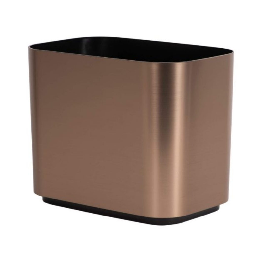 Bronze-colored rectangular wastebasket on a white background