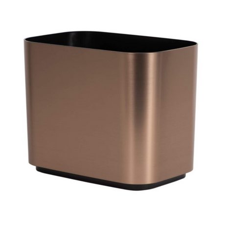 Bronze-colored rectangular wastebasket on a white background