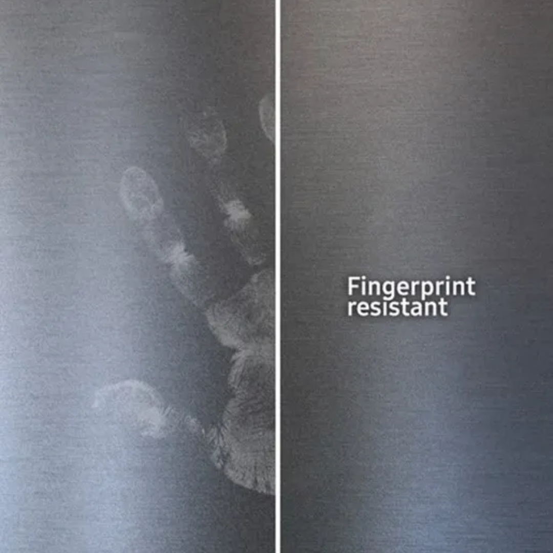 Comparison of fingerprint resistance on a metallic surface with and without text 'Fingerprint resistant'.