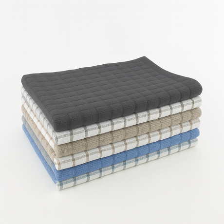Stack of 6 kitchen towels in various colors - dark grey, white/grey check, beige, beige/white check, blue and blue/white check.