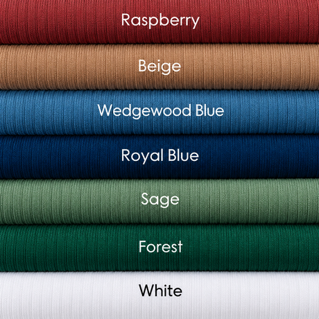 Pictured: Product shot of stacked bed spreads on top of each other in a variety of colors. From top to bottom names are; Raspberry, a reddish brown, Beige, Wedgewood Blue, Royal Blue, Sage Green, Forest Green, White. Wholesale supplier of bed linens for hotels, healthcare and hospitality.