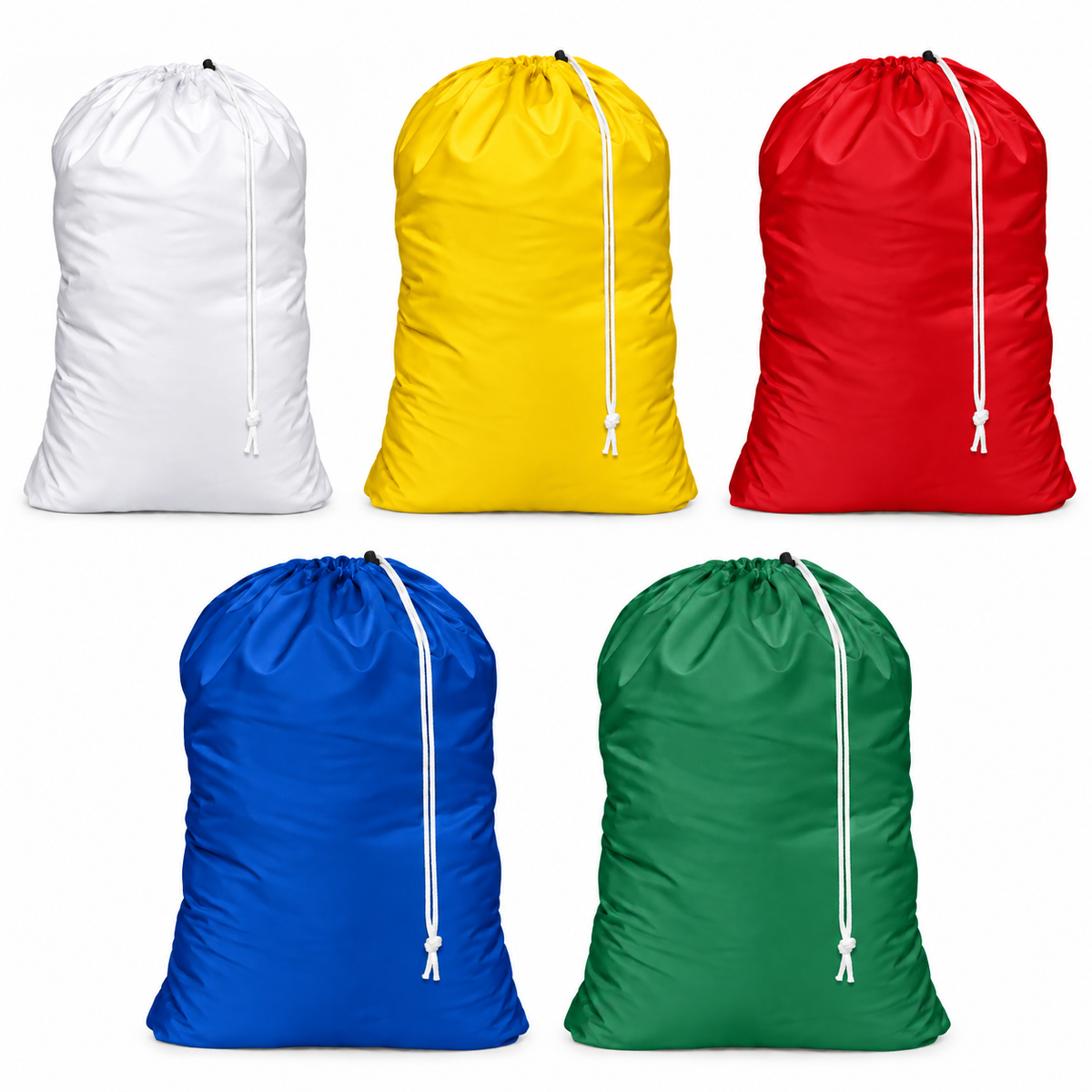 Pictured: All five colors of the Nylon Laundry Bags with Drawstring Closure against a white background. The colors on top from left to right; White, Yellow and Red. On the bottom row, Blue is on the left and Green is on the right.