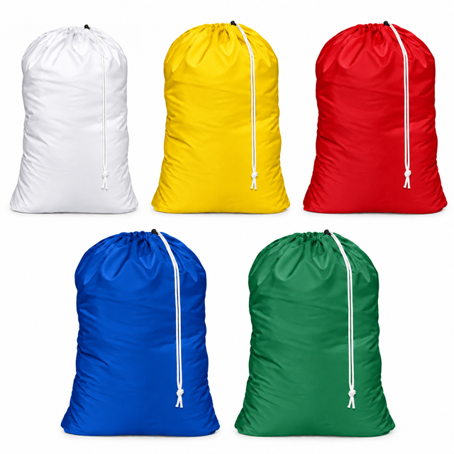 Pictured: All five colors of the Nylon Laundry Bags with Drawstring Closure against a white background. The colors on top from left to right; White, Yellow and Red. On the bottom row, Blue is on the left and Green is on the right.