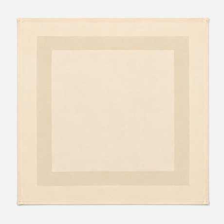 Pictured: Square beige napkin with a satin band acting as a border in the middle. This napkin is laid out against a white background.