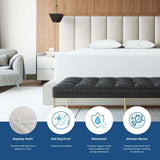 Pictured: A modern bedroom  with a large bed holding a mattress wearing the Economy Vinyl Mattress Encasement. The bottom of the picture has text that highlights the important facts about the product. From left to right: Bugstop Seal - Prevents bed bugs from getting in or out, Bed Bug Proof - Tested and certified, Waterproof - Prevents large or small fluid accidents from soiling mattresses, Allergen barrier - Prevents dust mites from passing through, resulting in cleaner air.