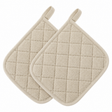 Pictured: Two beige potholders laid out one on top of the other. The center has a diamond pattern with solid outlining. This product is listed in the shade "Natural".