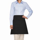 Pictured: Model wearing the black Half Bistro Apron with light khakis and a blue button up. 