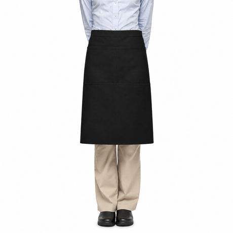 Pictured: Model wearing a collared shirt and khakis. On top of that, they have the Black Bistro Apron tied around their waist.