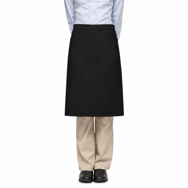 Pictured: Model wearing a collared shirt and khakis. On top of that, they have the Black Bistro Apron tied around their waist.