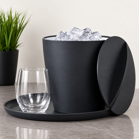 Pictured: Black Eco Contour Ice bucket filled with ice on the right, with the lid leaning on it. It sits on a tray with a glass to the left. On the far left is a grass plant in a black pot.
