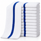 Pictured: Eleven White bar mops with a blue stripe in the middle neatly folded and stacked against a white background. Another blue striped bar mop is draped over the stack.