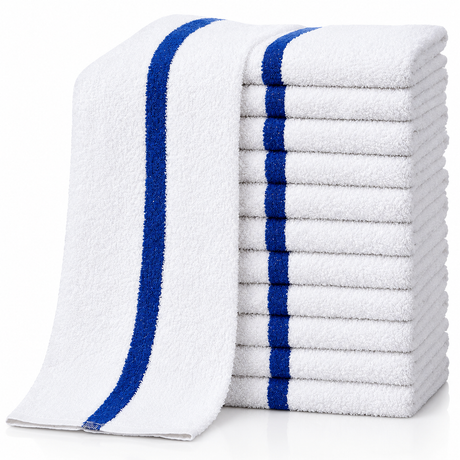 Pictured: Eleven White bar mops with a blue stripe in the middle neatly folded and stacked against a white background. Another blue striped bar mop is draped over the stack.