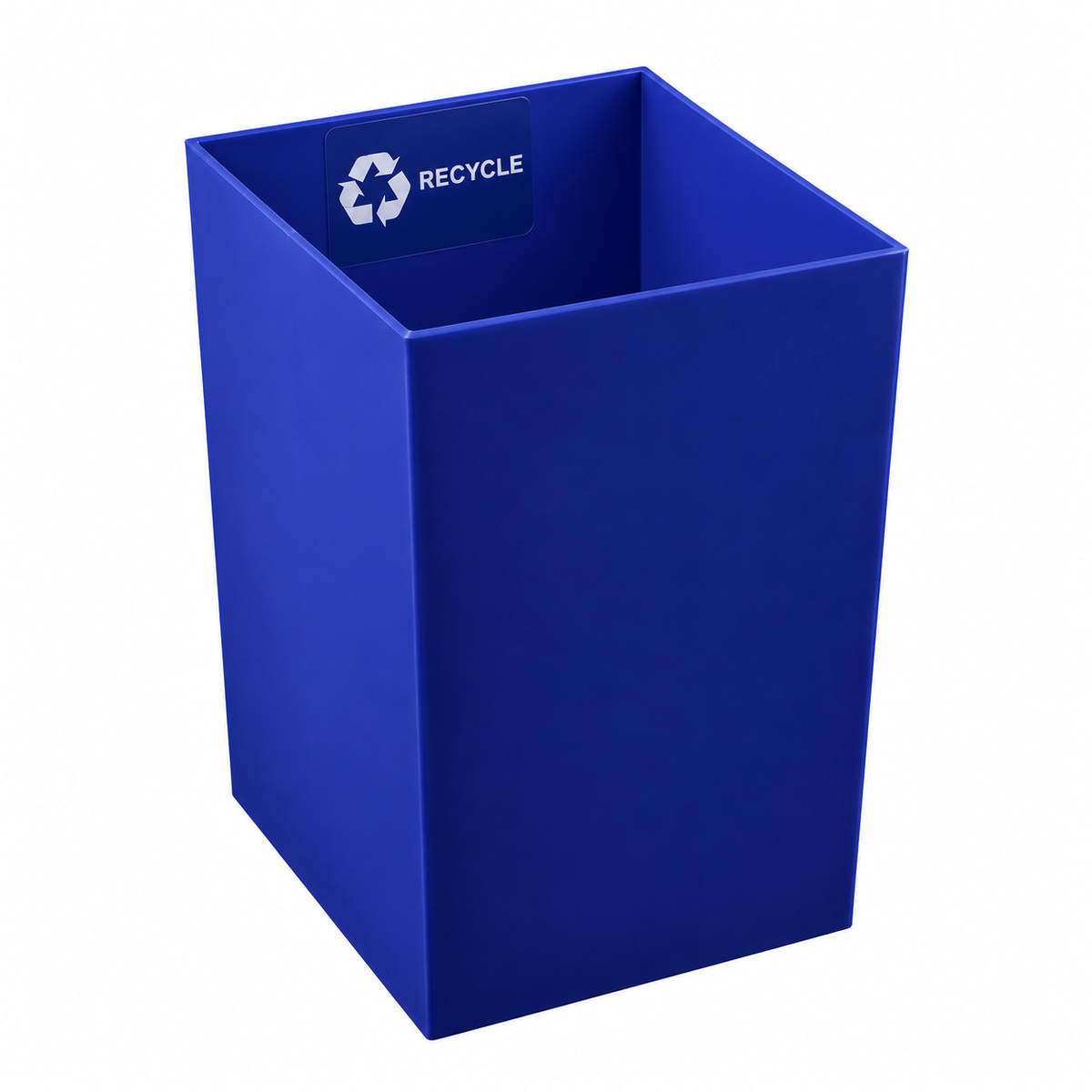 Pictured: The blue bin insert that is labelled RECYCLE against a white background.
