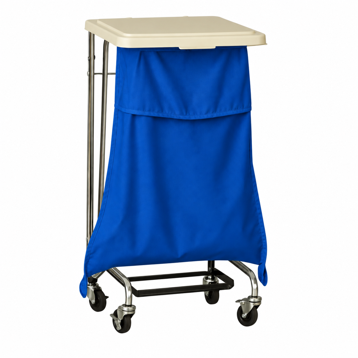 Pictured: A blue hooded self-closing fluid resistant laundry bag on wheels with a metal frame, with a plastic white top.