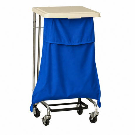 Pictured: A blue hooded self-closing fluid resistant laundry bag on wheels with a metal frame, with a plastic white top.