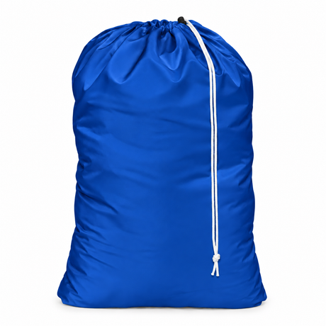 Pictured: Solid colored nylon laundry bag with a drawstring enclosure against a white background. This bag is in the shade Blue.