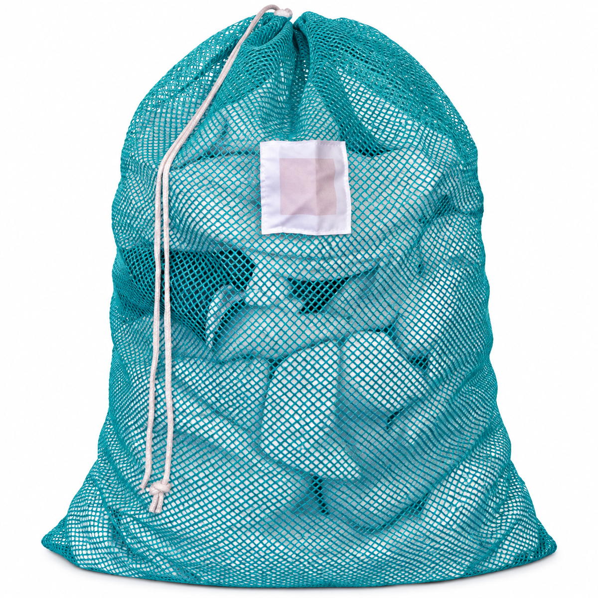 Pictured: Full Blue Mesh Laundry bag with white ID tag and drawstring enclosure against a white background.