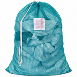 Pictured: Full Blue Mesh Laundry bag with white ID tag and drawstring enclosure against a white background.