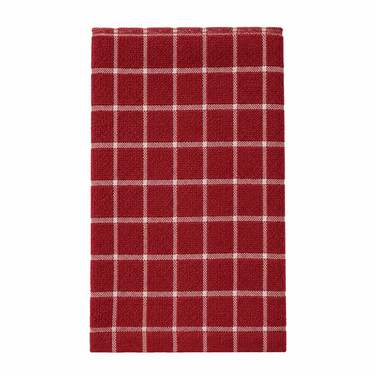 Pictured: Folded red towel with white accents in a windowpane design against a white background. This towel is listed as "Brick/Putty".