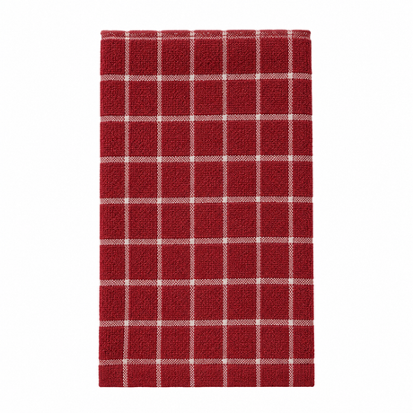 Pictured: Folded red towel with white accents in a windowpane design against a white background. This towel is listed as "Brick/Putty".