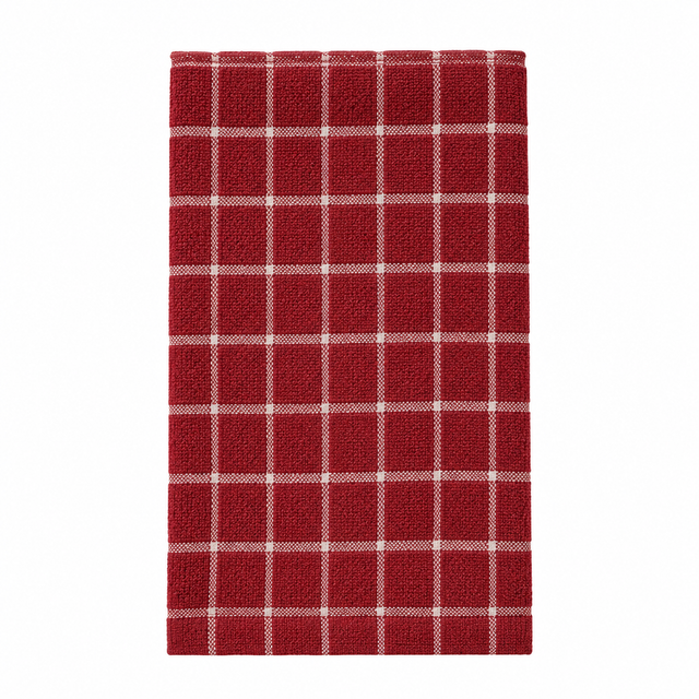 Pictured: Folded red towel with white accents in a windowpane design against a white background. This towel is listed as "Brick/Putty".