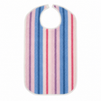 Pictured: Flat lay of clothing protector  with head hole in the top center. The protector is striped with light pink, purple, blue, dark blue, and red with a solid white outline.