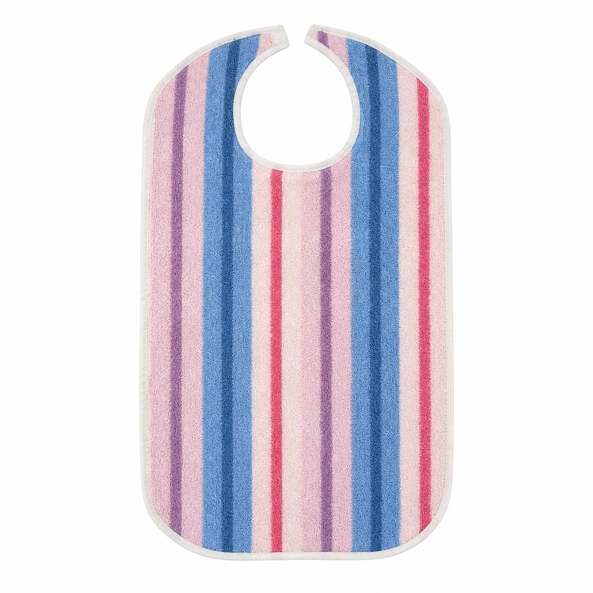Pictured: Flat lay of clothing protector  with head hole in the top center. The protector is striped with light pink, purple, blue, dark blue, and red with a solid white outline.