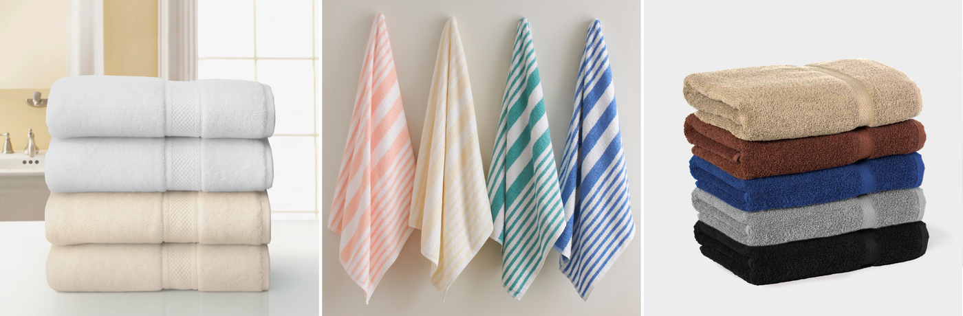 Stacks of folded towels in various colors and patterns on a neutral background.